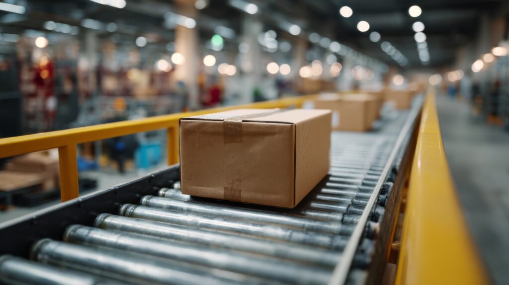 a close up of a brown cardboard box on a conveyor belt in a bustling warehouse, representing efficient logistics and delivery processes.